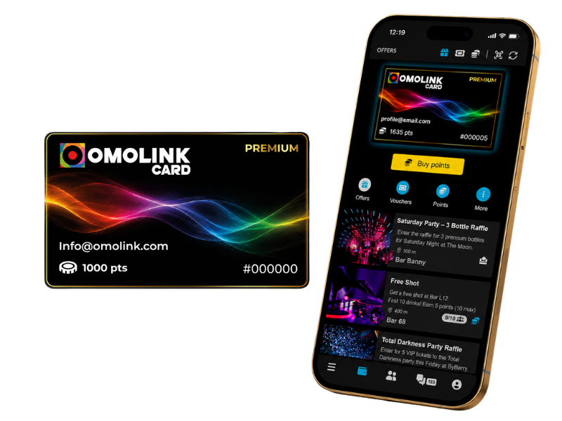 Omolink Card in the OMOLINK app with points balance and digital card
