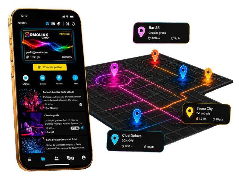 Usuarios geolocalizados cerca de un local partner en Omolink Card
