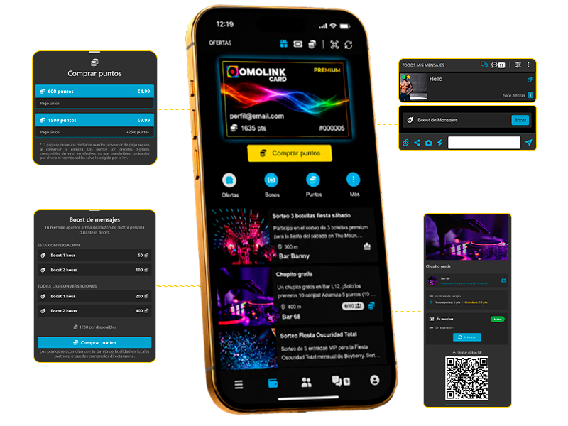 Funciones in-app de Omolink Card: perks PRO y canje de puntos